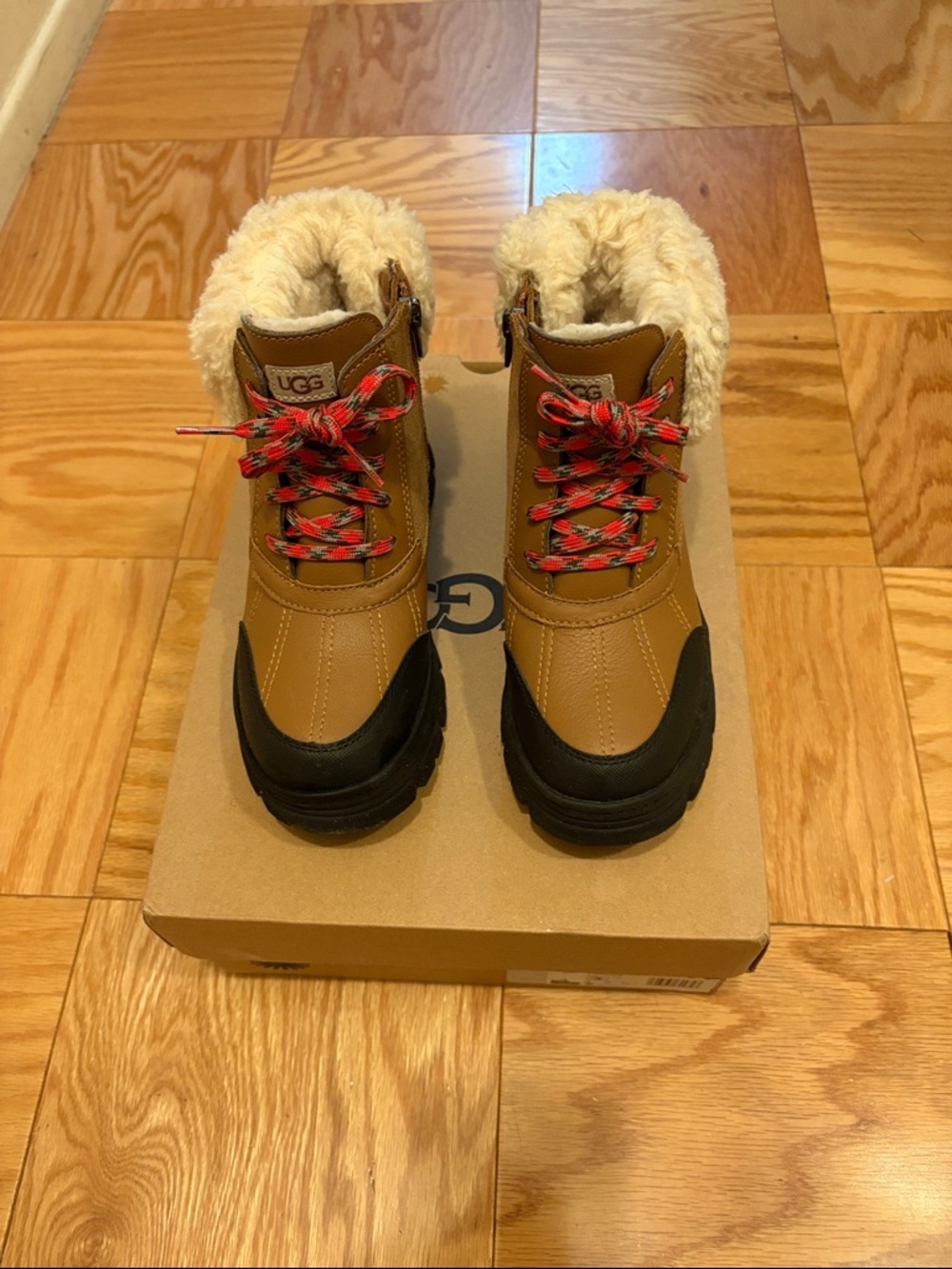 UGG Kids Tan and Black Insulated Lace-Up Winter Boots with Red Accent Laces